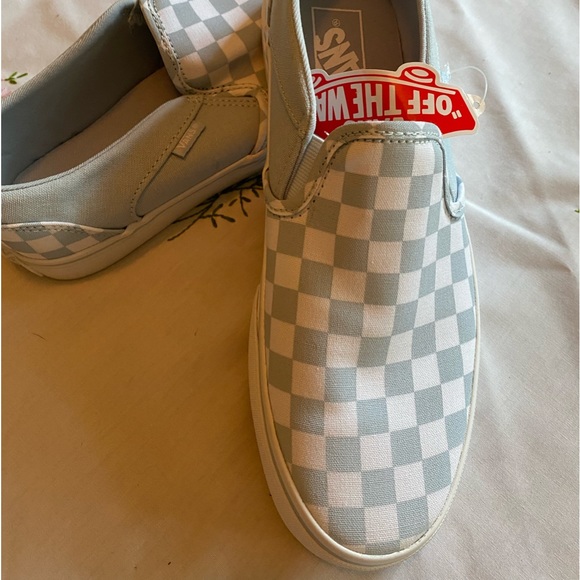 Vans Shoes - NWT Vans baby blue and white checkerboard Slip Ons. Statement. Size 8.5 Womens